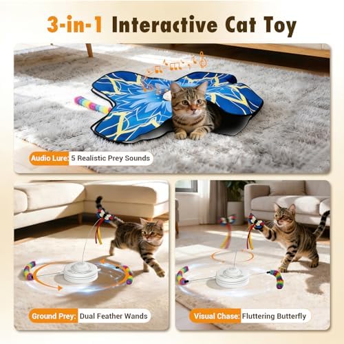 Hide and Seek Cat Toy Mat, 3-in-1 Interactive Cat Toy for Indoor Cats with Fluttering Butterfly, Dual Concealed Feather Wands, 3 Prey Sounds and Touch Activation (Blue)