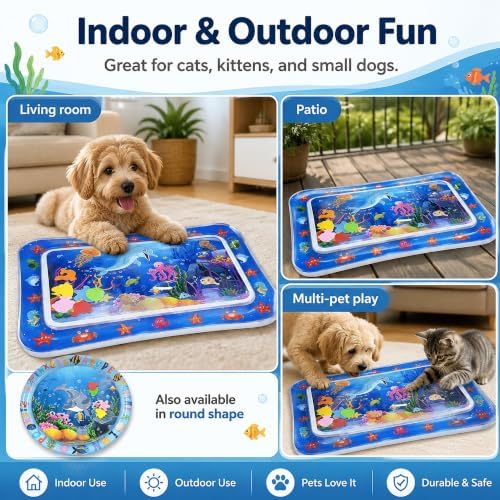 Aquameow Water Cat Toy,Claw-Resistant Sensory Cooling Water Mat，Rectangular