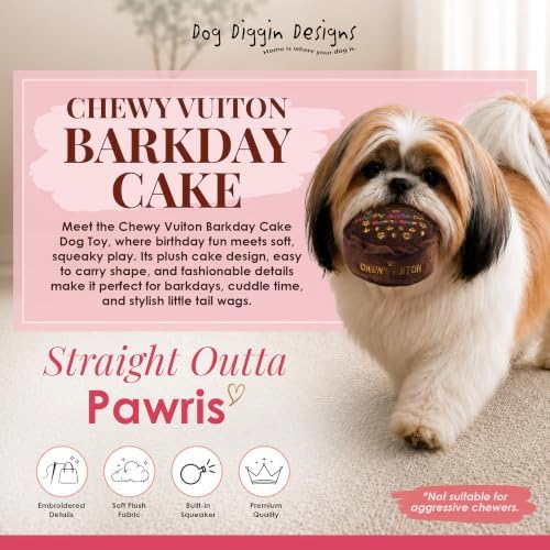 Dog Diggin Designs Chewy Vuiton Barkday Cake Plush Dog Toy | Luxury-Inspired Parody Designer Cake with Squeaker, Soft Plush Celebration Dog Toy – Prêt-à-Porter Play!