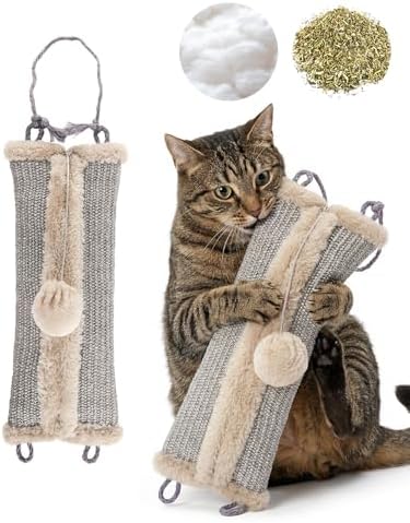 16.5" Sisal Catnip Kicker Toy for Indoor Cats,Heavy Duty Cat Scratching Pillow with 24" Bonus Rope,Washable & Refillable Catnip Toy for Aggressive Kickers,Chewing & Teething, Sisal Mat Texture (Grey)