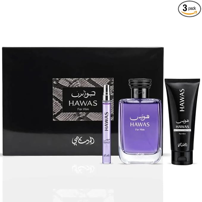 RASASI Hawas For Men 3-Piece Perfume Gift Set Eau De Parfum Spray 100ML (3.4 Oz) & 10ml (0.34 Oz) & Shower Gel 60ml (2.03 Oz)