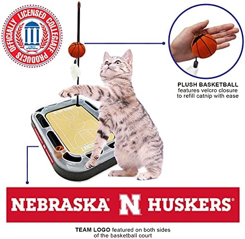 NCAA Nebraska Cornhuskers Basketball Court Cat Scratcher Toy - 6-in-1 Interactive Cat Toy with Catnip-Filled Plush Basketball