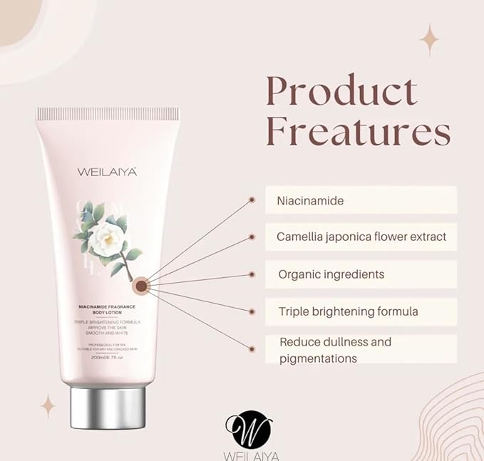 Weilaiya Niacinamide Body Lotion for Women – Brightening & Hydrating Moisturizer with Camellia Oil, Long-Lasting Floral Scent, Smooth Radiant Skin, Non-Sticky, Anti-Aging, Non-Comedogenic