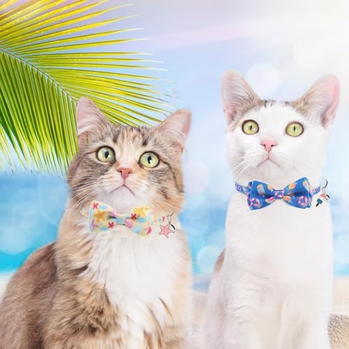 KOOLTAIL Cat Collar Breakaway with Bow Tie and Bell, 3 Pack Fancy Blue Ocean Theme Kitten Collars with Cute Charm Pendant & Safety Buckle, Adjustable Soft Collars for Boys Girls Kitty
