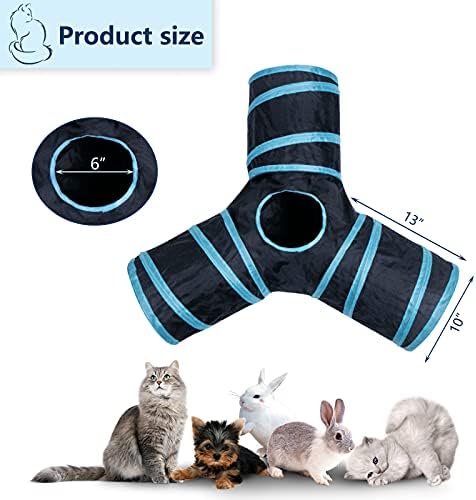 3 Way Cat Tunnel Collapsible Fun Pet Play Tube Toys for Cats, Kittens, Puppies & Rabbits - Portable Tunnel with Hanging Ball for Indoor Play, Hideout & Exercise