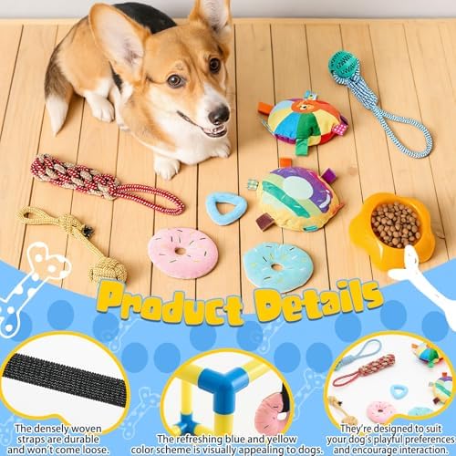 Soulchen Puppy Play Gym with 8 Hanging Toys, Small Dogs Enrichment Interactive Toys 16.5 Inch Pets Indoor Jungle Gym PVC Frame with Bungee Straps Enrichment Activity Center