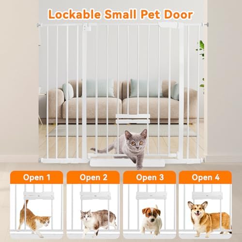 41 Inch Tall Baby Gate with Small Cat Door, Adjustable Auto Close Dog Gate Easy Walk Thru Pet Door for Stairs, Doorway, House (White, 29.52"-49.21")