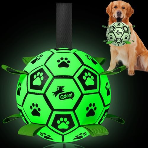 QDAN Glow in The Dark Dog Balls, Soccer Balls for Dogs with Straps, 8 Inch