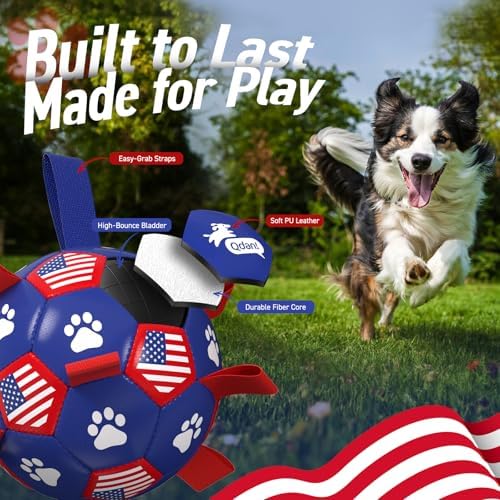 QDAN Dog Toys Soccer Ball with Straps, 8 Inch Dog Balls for Large Dogs | Outdoor Herding Balls for Dogs, Beach Pool Dog Water Toy, Interactive Puppy Soccer Toy with Tabs, Puppy Dog Birthday Gifts