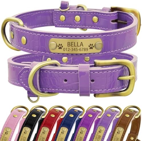 Personalized Genuine Leather Dog Collar with Engraved Name Plate - Durable and Stylish Custom Dog Collar for Small, Medium, and Large Dogs (XS,Light Purple)