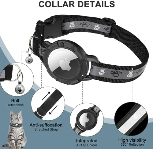 Reflective AirTag Cat Collar, Integrated Cat Collar with Air Tag Holder | Built in AirTag Holder, Adjustable 7-13in for Cats, Kittens and Puppies, Safety Elastic Band, Reflective for Night Walking