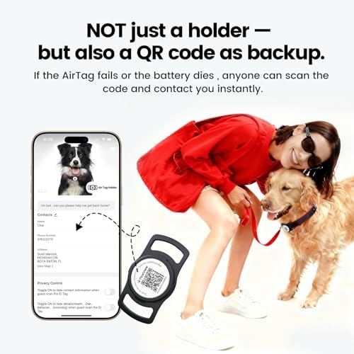 Leather Dog Collar with AirTag Compatible Holder & QR ID, Red, S