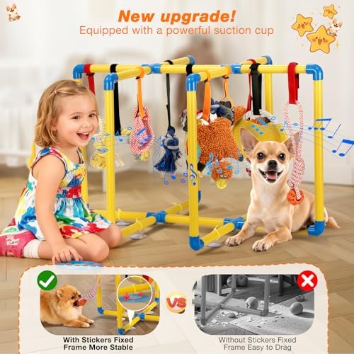 Upgraded Puppy Play Gym with 9 Hanging Toys, Reinforced Frame & Strong Suction Cups–Removable Dog Enrichment Playground, Indoor Jungle Gym & Activity Center for Small Dogs with Squeaky& Teething Toys