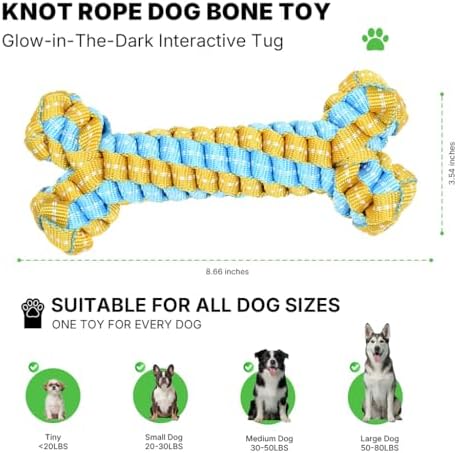 Dog Chew Toys, Knot Rope Dog Braid Bone Toy, Glow in the Dark Dog Toys