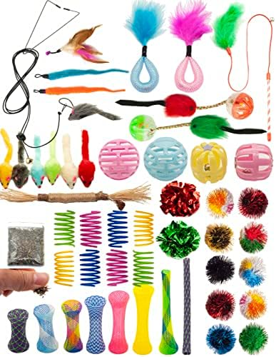 Fashion's Talk Cat Toys 50 Pcs for Indoor Cats,Interactive Door Hanging Mice Feather Toy Cat Spring Toy Cat Wand Catnip Crinkle Balls Silvervine Stick