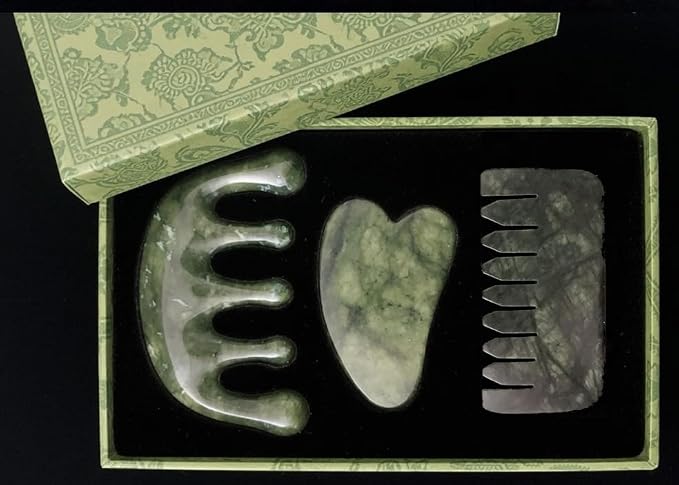 Meridian Massage Comb for Face & Scalp, Natural Stone, Stimulates Blood Circulation, Promotes Meridian Flow, Multi-Purpose Head Massager for Relaxation & Wellness (Jade-GuaSha-3pSet)