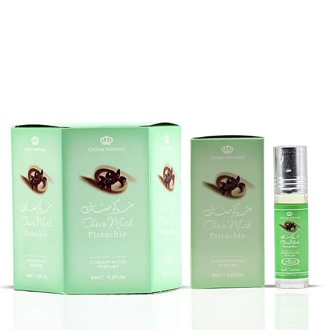 Al-Rehab Choco Musk Pistachio Perfume Oil Roll-On - 6ml (0.2 oz) | Nutty Gourmand Fragrance with Pistachio, Chocolate & Vanilla | Sweet, Creamy & Addictive | Long-Lasting Scent (Box of 6)