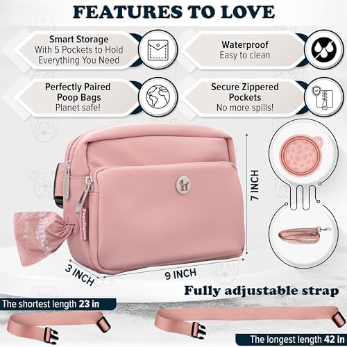 Puppington 3-in-1 Crossbody & Dog Treat Pouch for Pet Training - Matching Compostable Poop Bags, Built-In Poop Bag Dispenser & Slow-Feeding Travel Dog Bowl - Dog Walking Bag (Blush Pink)