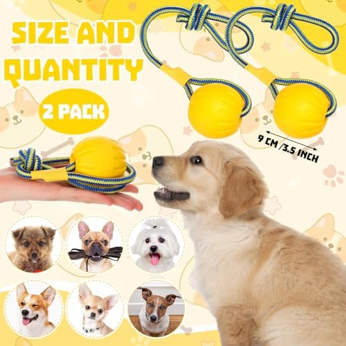 Hsei 2 Pcs 3.5" Dog Rope Toy Ball on Rope Fetch and Tug of War Toy for Dog