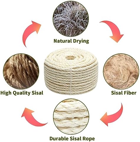 Natural Sisal Rope 1/4 Inch 6mm 98-Feet for Cat Scratching Post Tree Tower Replacement Repair and Replace, DIY Hemp Twine Rope for Cat Scratching Furniture Window Perch and Crafts Gardening