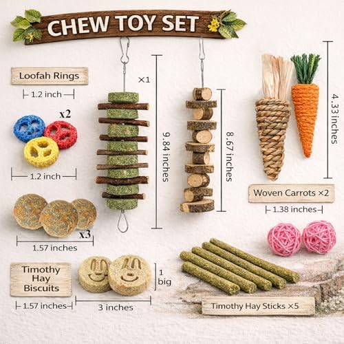 Grddaef 20 PCS Bunny Chew Toys for Teeth, Natural Rabbit Toys Apple Wood Grass Timothy Sticks Chew and Treat for Guinea Pigs Hamster Chinchillas