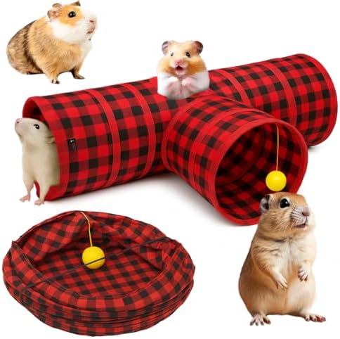 Tunnels with 3-Way Entrance - Cozy, Washable Guinea Pig Hideout - Interactive Cage Toys (Red Plaid)