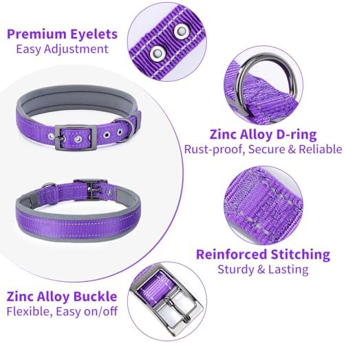 Segarty Reflective Thick Dog Collar for Large Dogs, Adjustable Wide Soft Comfortable Breathable Neoprene Padded Nylon Collar with Heavy Duty Metal Buckle for Large Medium Breeds (L, Purple)