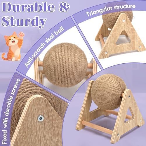 Outamateur Cat Scratcher Sisal Ball Toy, Sisal Scratching Ball with Stable Stand, Interactive Cat Exercise Toy, Interactive Play Toys for Kittens, Cats, Small Pets