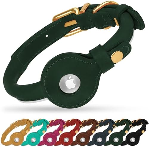 OOPSDOGGY Rolled Leather Dog Collar with Airtag Holder - Reflective Round Airtag Dog Collar - Soft Tracking Pet Collar for Small Dogs Puppy Cats Kitten (Green, XXS, 7"-9")