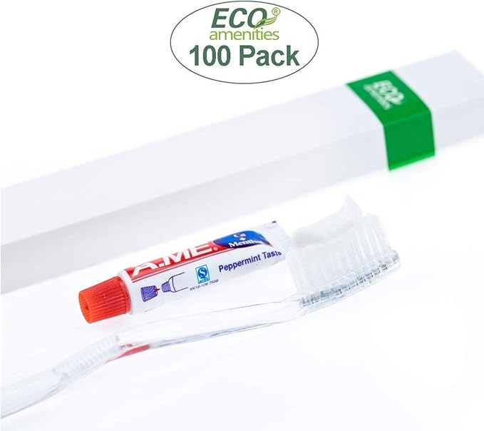 ECO amenities Travel Toothbrush & Toothpaste Kit - Individually Wrapped Disposable Toothbrushes - Peppermint Travel Toothpaste Tubes - Bulk Hotel Dental Kit - Pack of 1, Peppermint