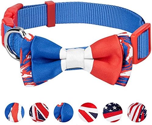 Blueberry Pet 2 Patterns Patriotic Spirits France Flag Adjustable Bowtie Blue Dog Collar - Handmade Bow Tie w/Jacquard Weave Fabric, Small, Neck 12"-16"