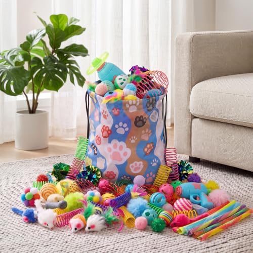 Leitee 201 Pcs Cat Toys Assortment with Gift Storage Bag, Interactive Cat Play Set for Indoor Kitten, Colorful Springs, Mouse Toys, Balls, Bells & Sisal Ball