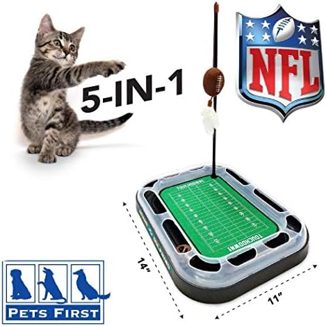 Cat Football Field NFL MIAMI DOLPHINS FOOTBALL FIELD CAT SCRATCHER TOY with CATNIP Filled Plush FOOTBALL Toy & Feather Cat Toy hanging, with Jingle Bell INTERACTIVE BALL Cat Chasing 5-in-1 KITTY Toy