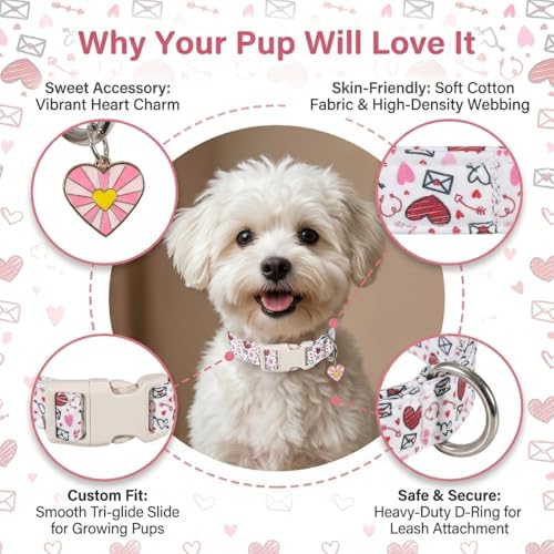Dog Collar for Small Female Dogs - Soft Adjustable Puppy Collar with Cute Pink Red Heart Pattern, Stylish Girl Dog Collar for Daily Walking & Photo Shoots, Fits Puppies and Small Breeds