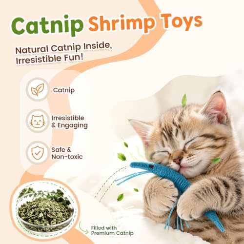 Andiker 3 PCS Bright Colors Catnip Toys, 12 CM Yarn Handmade Shrimp Cat Chew Toy with Gentle Sound Bell, Interactive Cat Toys for Indoor Cats Chewing Playing