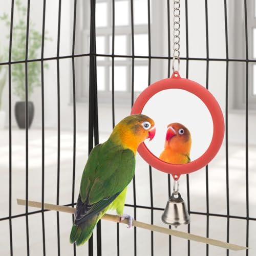 Hypeety Bird Mirror Toy with Bell Interactive Parrot Hanging Mirror, Red