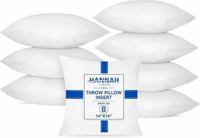Hannah Linen Throw Pillow Inserts 14x14 – 8 Pack Square Decorative Pillow Insert for Couch, Sofa & Bed, Soft Fluffy Polyester Filled Cushion Stuffers, Indoor Home Decor Pillows