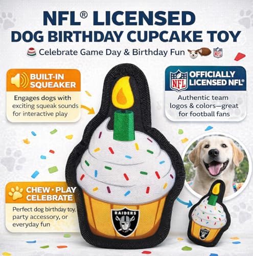 Pets First NFL Las Vegas Raiders Pet Birthday Cupcake Squeaker Toy - NFL Dog Birthday Party Set and Costume, Licensed Football Team Dog & Cat Birthday Cupcake Toys, Durable Toy for Puppies