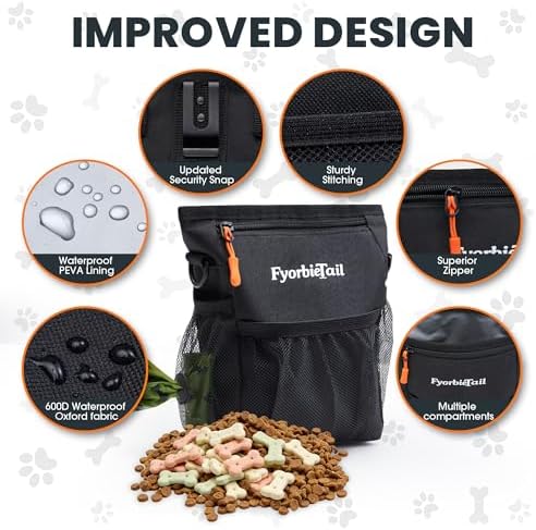 Dog Treat Pouch, 4 Cup Training Bag, Magnetic Closure, 3 Way Wear, Black | 600D waterproof Oxford fabric, multi pocket storage, zipper and mesh pockets, pull out poop bag dispenser, includes 2 rolls