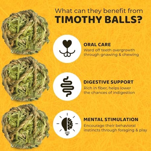SunGrow Timothy Balls for Rabbits, Chew Toys for Oral Care & Digestion, High Fiber Hay Treats for Bunnies, Guinea Pigs & Small Pets, Teeth Trimmer & Encourage Foraging Instincts, 3 Pcs