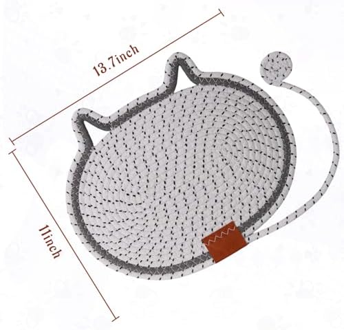 Cat Scratcher Mat Natural Cotton Rope Oval Horizontal Floor Cat Scratch Bed Pad with Ball Toy Protector for Furniture Floor Wall (White, 1 PC)