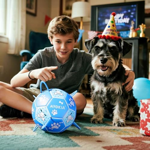 Size 3 Blue Dog Soccer Ball with Straps Eye-Catching Bone and Paw Print Design, Ultra-Durable Training Ball for Pets Interactive Outdoor Dog Toy, Perfect for Medium & Large Puppies