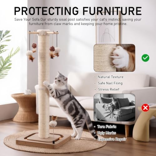 PEEKAB Cat Scratching Post for Indoor Adult Cats and Kittens,33 Inches Tall Large Sisal Scratch Post with Track Ball Toys,Cat Scratcher Toy Beige