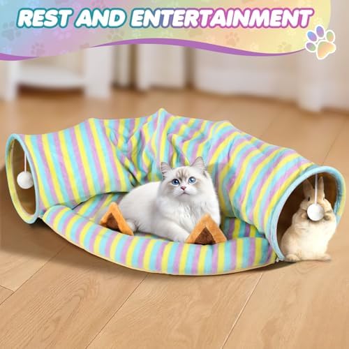 Spardar 2-in-1 Bunny Tunnel Bed, with Removable Mat Hideout,Stripe