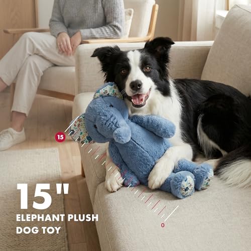 Petlou Dog Plush Toys,Crinkle Toy, Interactive Stuffed Squeaky Toys Chew for Medium Small Large Dogs,Cute (15" Promo Elephant-Blue)