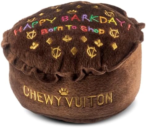 Dog Diggin Designs Chewy Vuiton Barkday Cake Plush Dog Toy | Luxury-Inspired Parody Designer Cake with Squeaker, Soft Plush Celebration Dog Toy – Prêt-à-Porter Play!