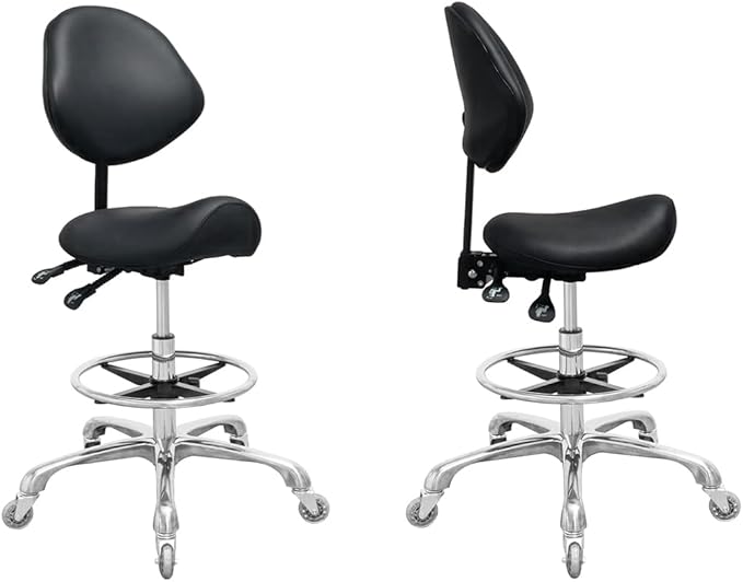 Saddle Stool Chair with Back Support Footrest, Heavy-Duty(350LBS), Hydraulic Rolling Swivel Adjustable Stool Chair for Salon Spa Beauty Massage Dental Clinic Home Office Use(Black)