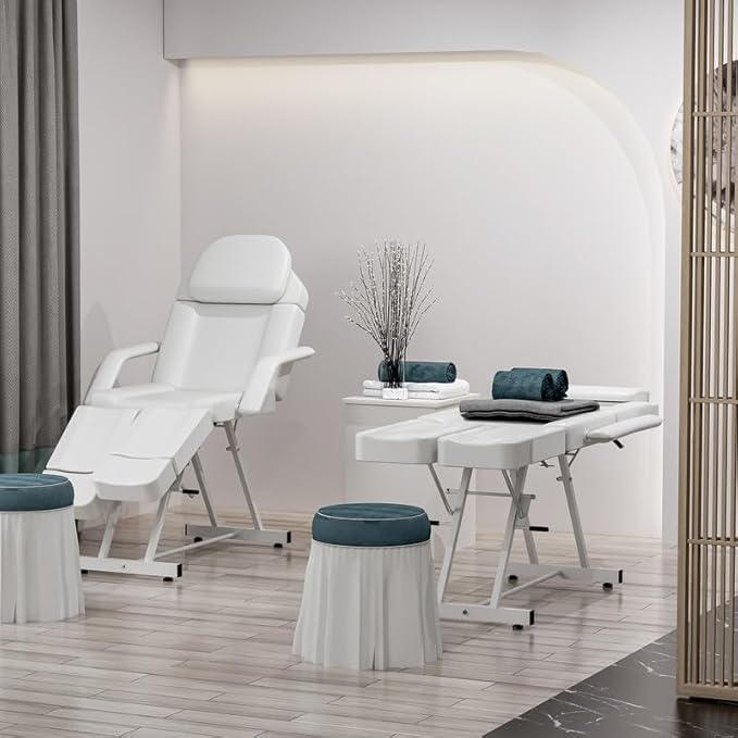 SyyBhb Multi-Purpose Massage Table Tattoo Bed Chair with Storage Pocket for Esthetician, Split Legs, Adjustable Length & Angle, 3 Section, White