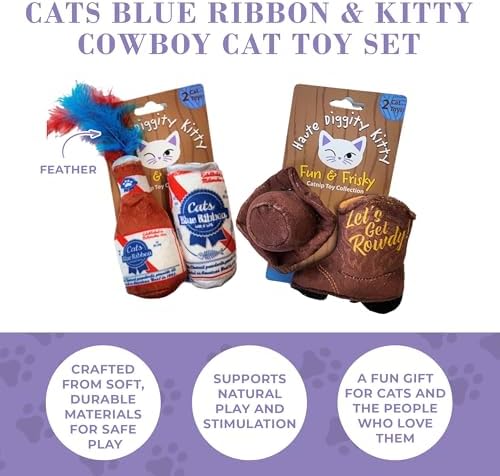 Haute Diggity Kitty Cats Blue Ribbon + Kitty Cowboy Set Soft Plush Cat Toys
