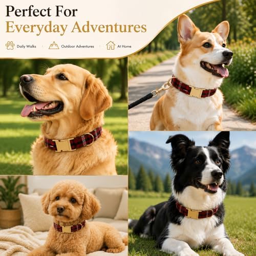 Soft Cotton Dog Collar Classic Plaid Pet Collars with Metal Clasp for Large Dogs with Sensitive Skin, Vintage Red